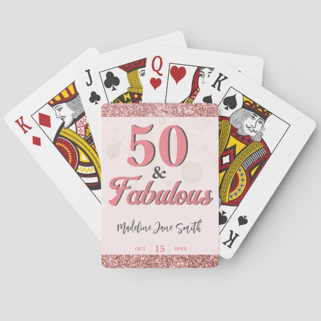 50 and Fabulous Birthday Elegant Rose Pink Glitter Poker Cards (Back)