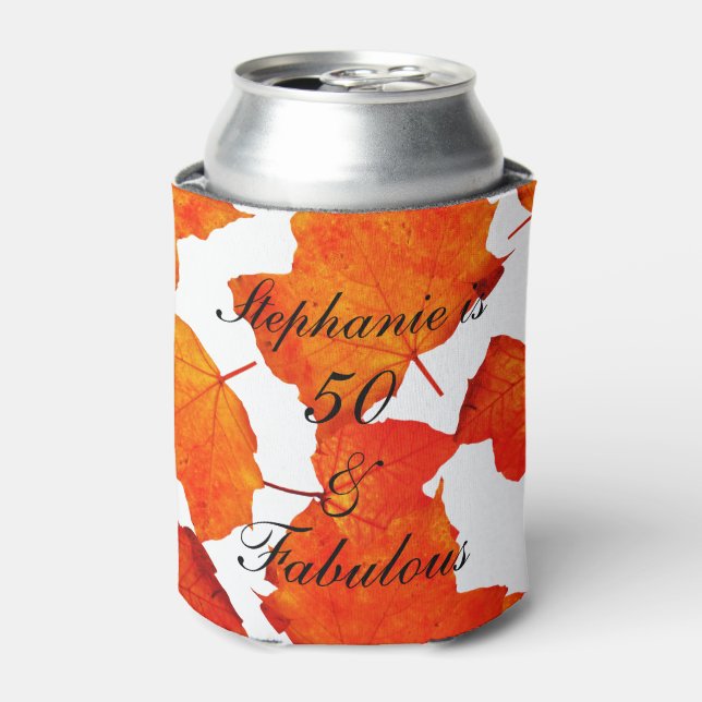 50 And Fabulous Birthday Fall Autumn Leaves Orange Can Cooler (Can Front)