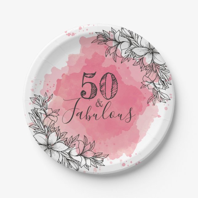 50 And Fabulous. Birthday. Flowers in Watercolor. Paper Plates (Front)