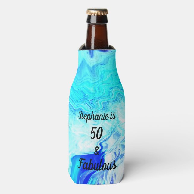 50 And Fabulous Birthday Geode Agate Blue Pattern Bottle Cooler (Bottle Front)