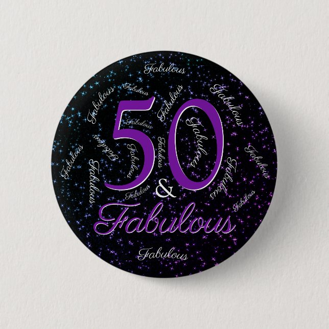 50 And Fabulous Birthday Glam Purple Black Elegant Button (Front)