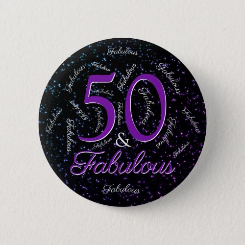 50 And Fabulous Birthday Glam Purple Black Elegant Button