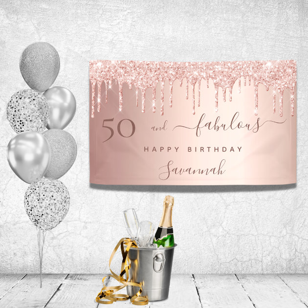 50 And Fabulous Birthday Glitter Rose Gold Pink Banner | Zazzle