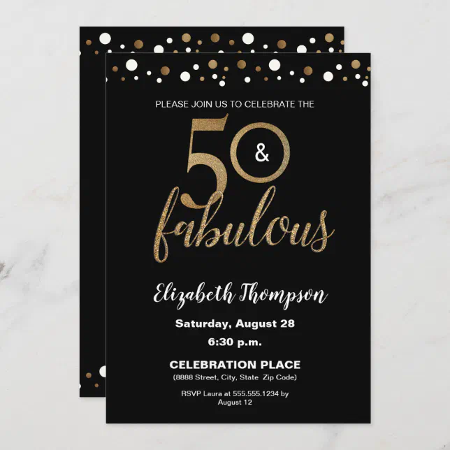 50 And Fabulous Birthday Gold And Black Confetti Invitation 