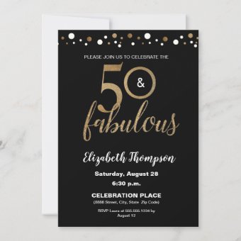 50 and fabulous Birthday Gold and Black Confetti Invitation | Zazzle