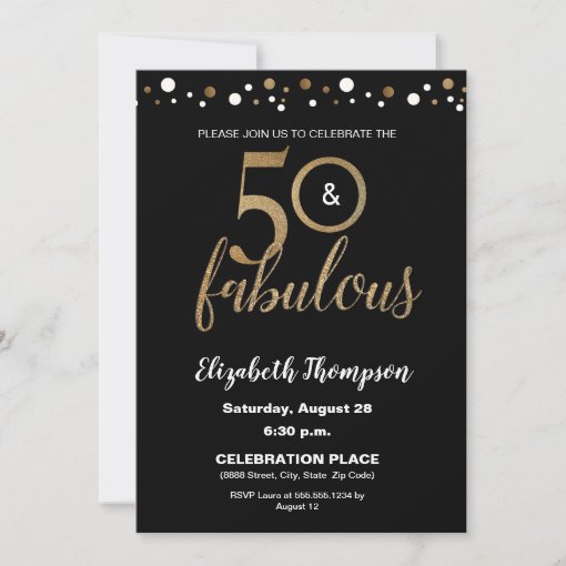 50 And Fabulous Birthday Gold And Black Confetti Invitation 