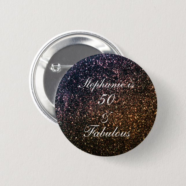 50 And Fabulous Birthday Gold Black Golden Glitter Button (Front & Back)
