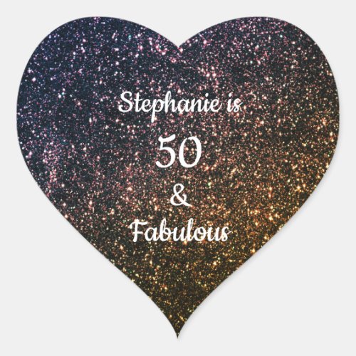 50 And Fabulous Birthday Gold Black Golden Glitter Heart Sticker