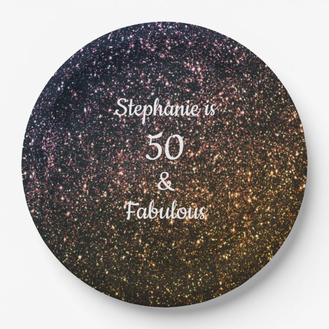 50 And Fabulous Birthday Gold Black Golden Glitter Paper Plates (Front)