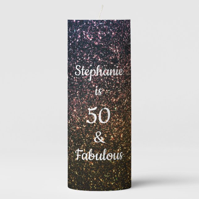 50 And Fabulous Birthday Gold Black Golden Glitter Pillar Candle (Front)