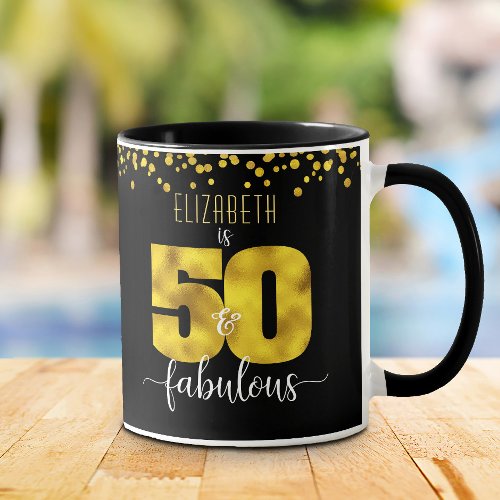 50 and fabulous birthday gold foil dots black glam mug