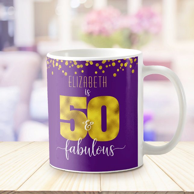 50 and fabulous birthday gold foil dots on purple coffee mug (Creator Uploaded)