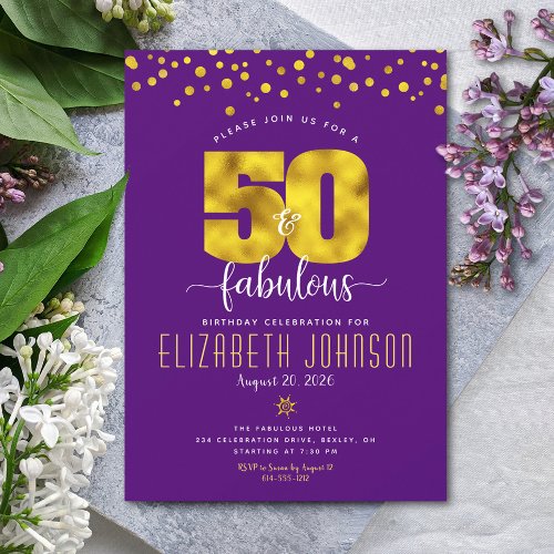 50 and fabulous birthday gold foil dots on purple invitation