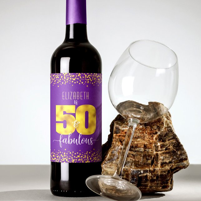 50 and fabulous birthday gold foil dots on purple wine label (Creator Uploaded)