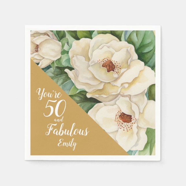 50 And Fabulous Birthday Gold Magnolia Floral Name Napkins (Front)