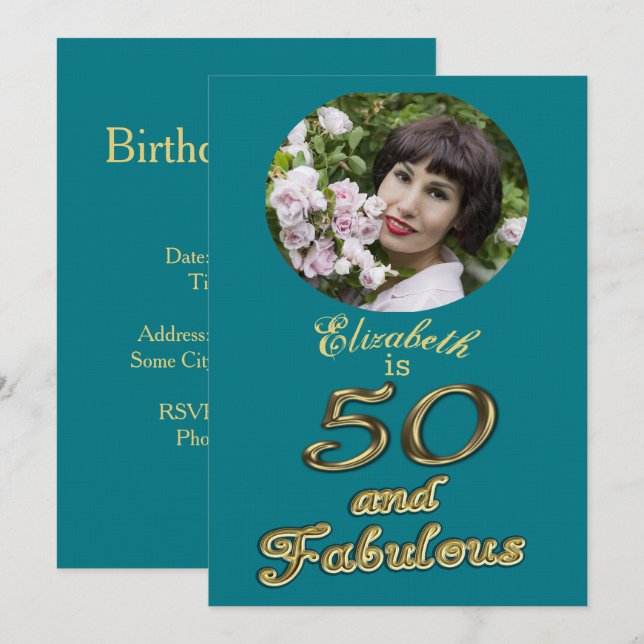 50 and Fabulous Birthday Gold Teal Blue 50th Age Invitation (Front/Back)