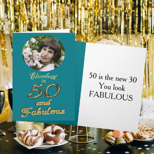 50 and Fabulous Birthday Gold Teal Blue 50th Name Card