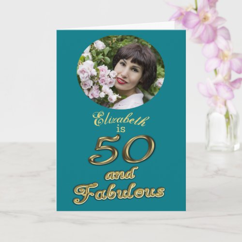 50 and Fabulous Birthday Gold Teal Blue 50th Name Card