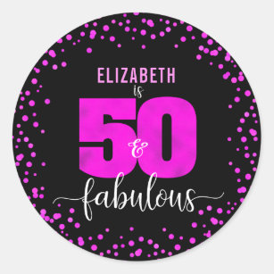 50 and fabulous birthday hot pink foil dots black classic round sticker