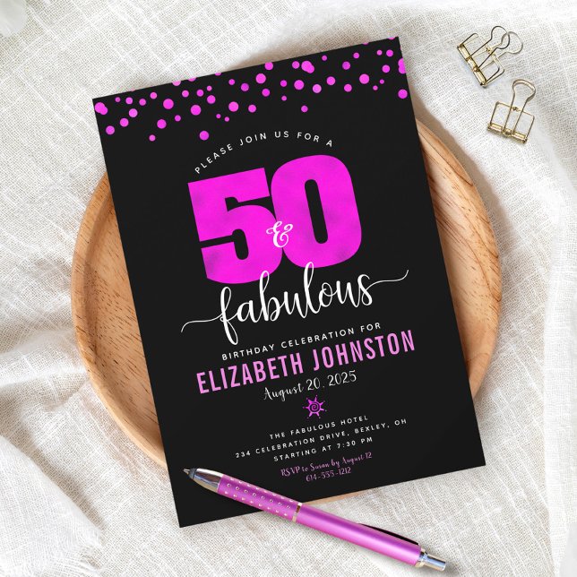 50 and fabulous birthday hot pink glam dots black invitation (Creator Uploaded)