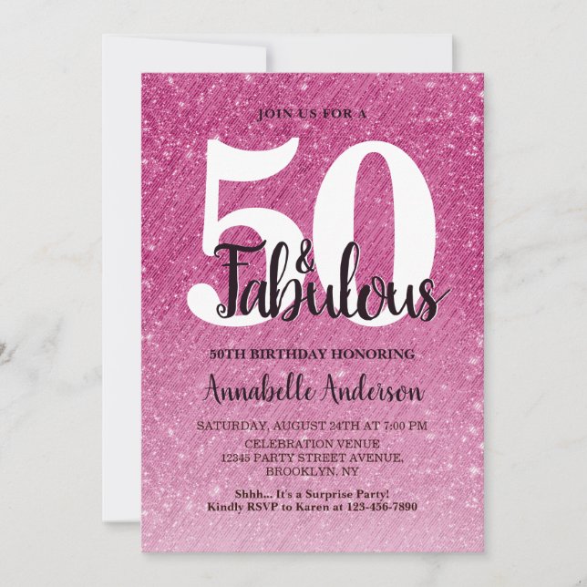 50 and Fabulous Birthday Hot Pink Sparkle Tinsel Invitation (Front)