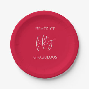 50 and Fabulous Birthday Modern Script Red Paper Plates