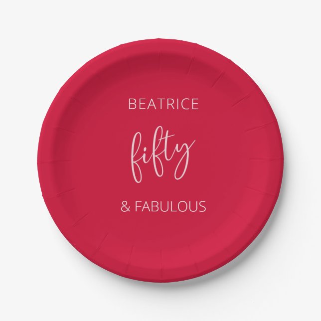 50 and Fabulous Birthday Modern Script Red  Paper Plates (Front)