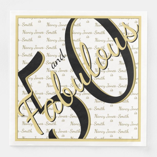 50 and Fabulous birthday Name black/Gold Paper Dinner Napkins (Front)