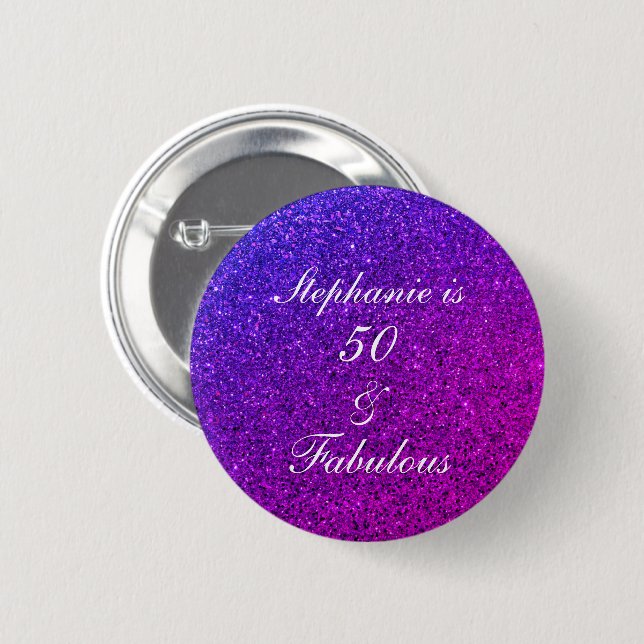 50 And Fabulous Birthday Ombre Pink Purple Glitter Button (Front & Back)