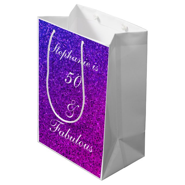 50 And Fabulous Birthday Ombre Pink Purple Glitter Medium Gift Bag (Back Angled)