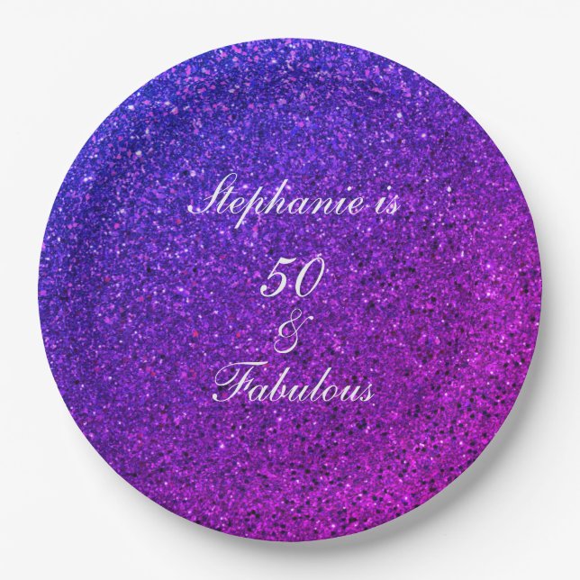50 And Fabulous Birthday Ombre Pink Purple Glitter Paper Plates (Front)