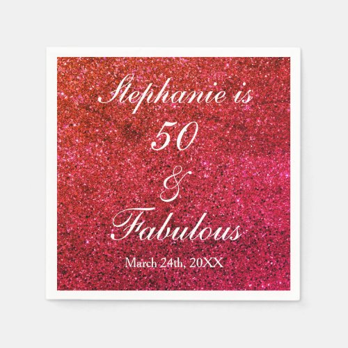 50 And Fabulous Birthday Ombre Red Pink Glitter Napkins