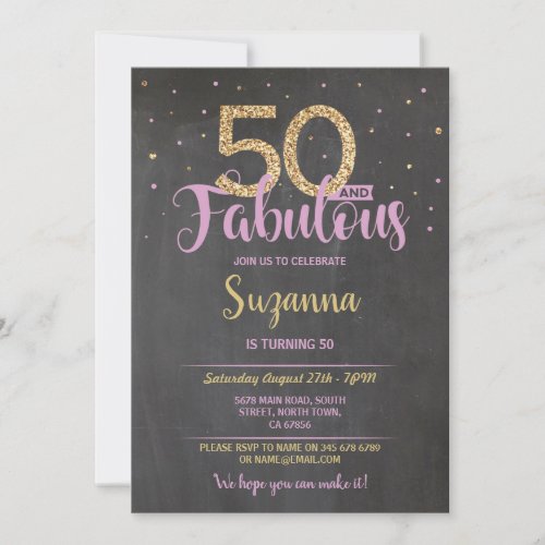 50 and Fabulous Birthday Party 50th Pink Gold Invitation