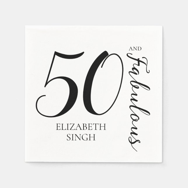 50 and Fabulous Birthday Party Black and White Napkins (Front)