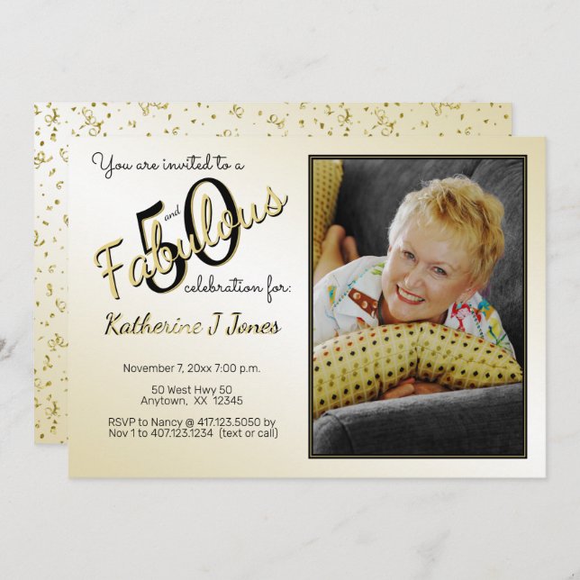50 and Fabulous Birthday Party Fun Black/Gold 50th Invitation (Front/Back)