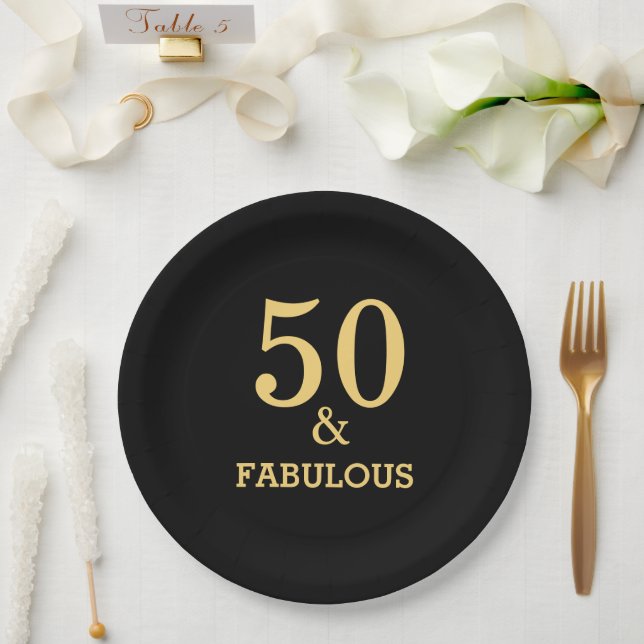 50 And Fabulous Birthday Party Golden Yellow Black Paper Plates (Wedding)