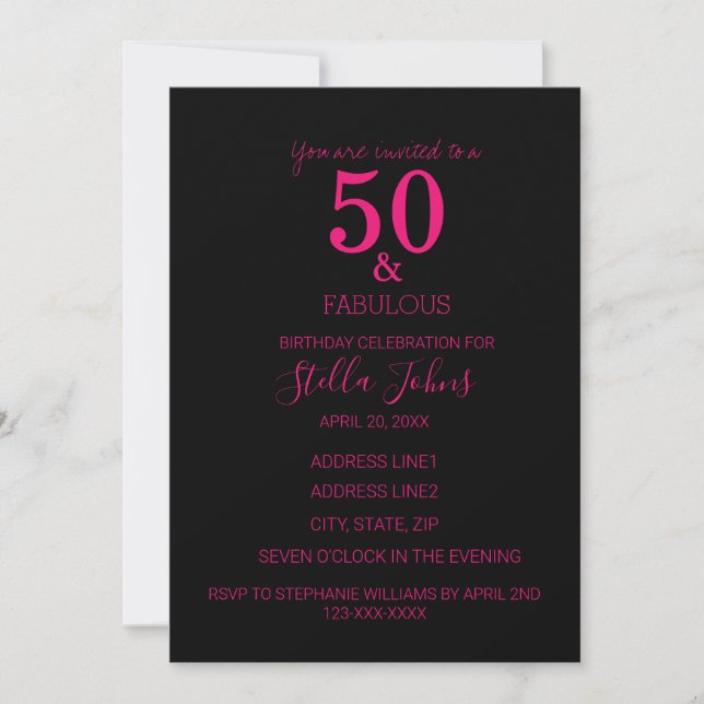 50 And Fabulous Birthday Party Hot Pink Black 2024 Invitation (Front)