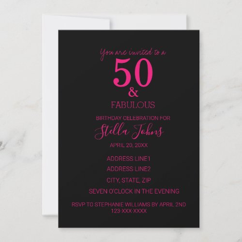 50 And Fabulous Birthday Party Hot Pink Black 2024 Invitation