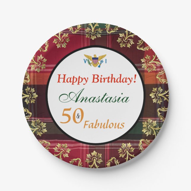 50 and Fabulous Birthday Party Madras Paper Plates (Front)
