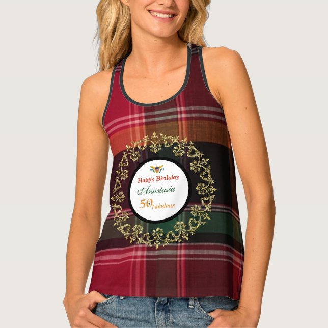 50 and Fabulous Birthday Party Madras Tank Top (Front)