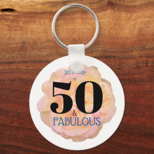 50 and Fabulous Birthday Party Pale Peach Rose Keychain