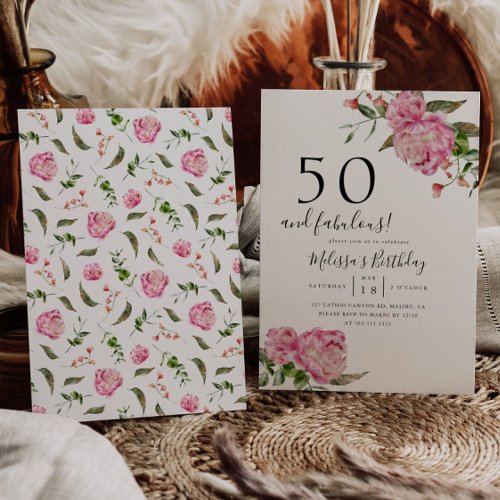 50 and Fabulous Birthday Party Pink Floral  Invitation
