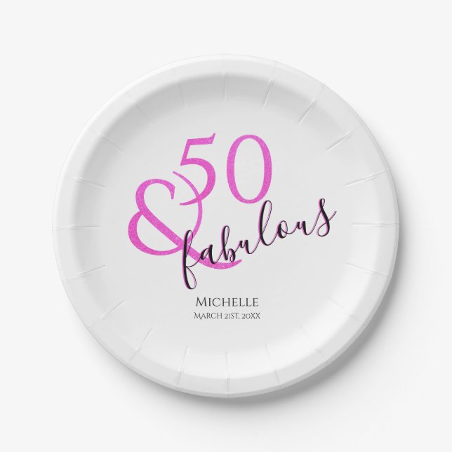 50 and fabulous birthday party pink glitter girly paper plates (Front)