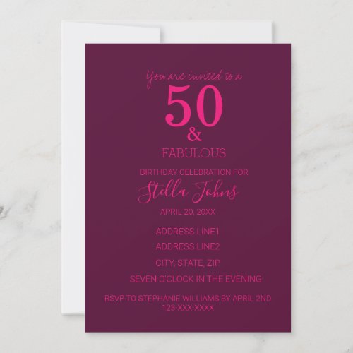 50 And Fabulous Birthday Party Pink Purple Modern Invitation