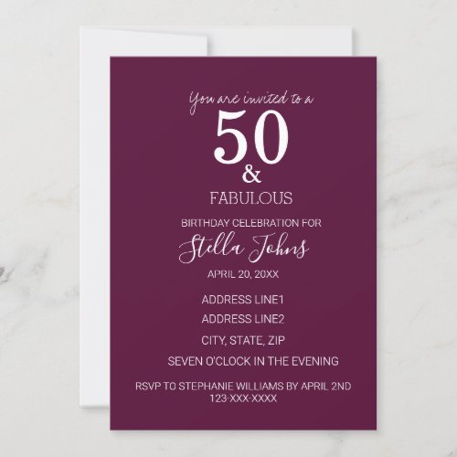 50 And Fabulous Birthday Party Pink Purple White Invitation