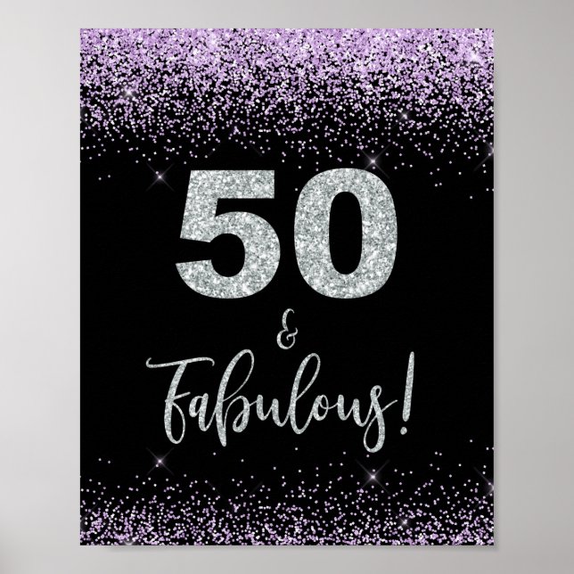 50 and Fabulous Birthday Party Sign Black & Purple (Front)
