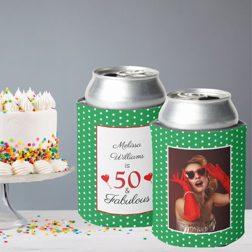 50 and Fabulous Birthday Photo 50th Party Green WH Can Cooler