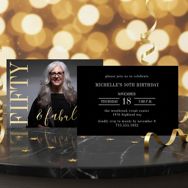 50 And Fabulous Birthday Photo Black and Gold Foil Invitation (Creator Uploaded)