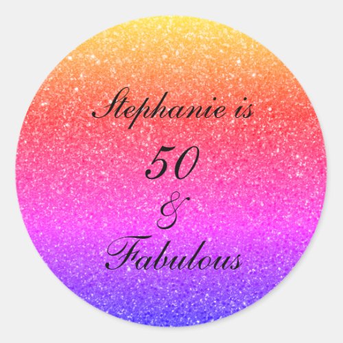 50 And Fabulous Birthday Pink Black Purple Glitter Classic Round Sticker