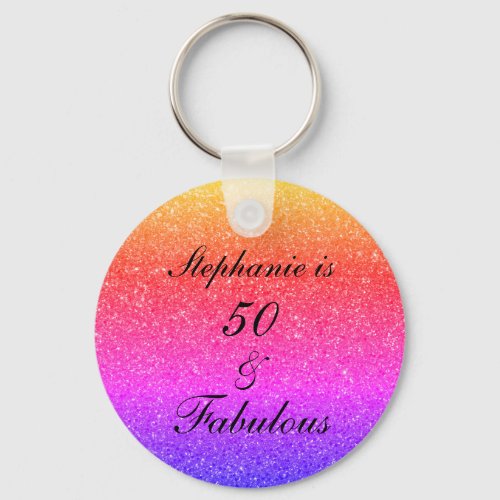50 And Fabulous Birthday Pink Black Purple Glitter Keychain